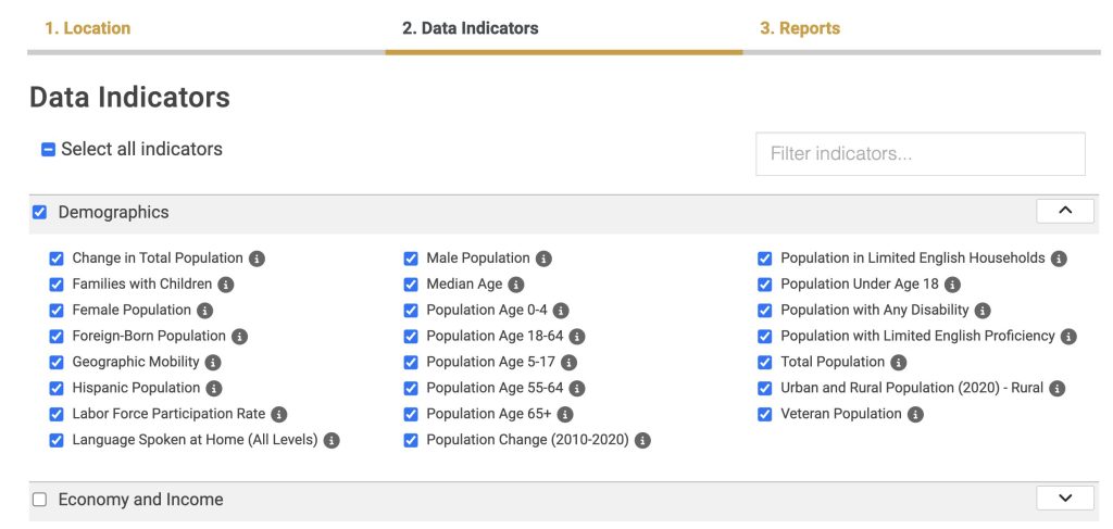 To select all indicators within a category, click the checkbox next to the category name.  